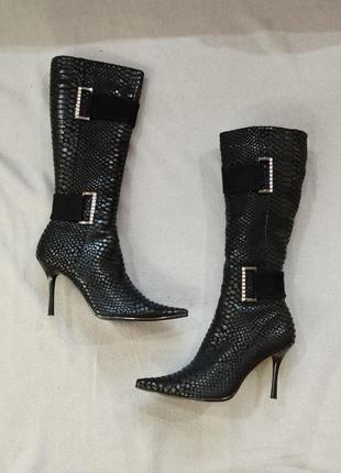 Женские кожаные сапоги на каблуке острый носок зима 39 размер 25,5 см2 фото