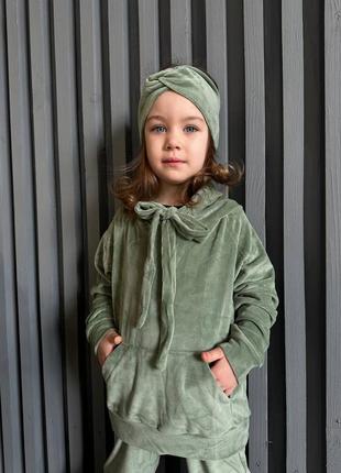 Дитячий костюм з велюру, пов'язка у подарунок ❤️  оливка2 фото