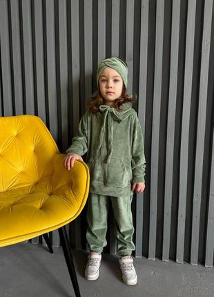 Дитячий костюм з велюру, пов'язка у подарунок ❤️  оливка4 фото