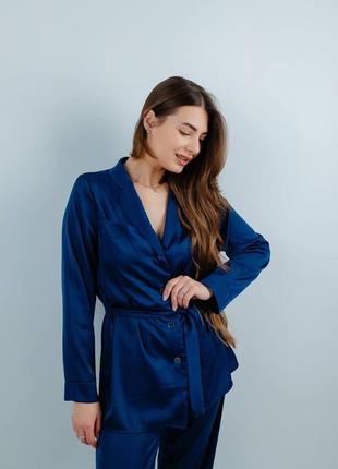 Костюм в піжамному стилі жіночий шовк армані шовковий сорочка рубашна на ґудзиках із поясом та штани брюки прямі широкі піжама домашній костюм2 фото