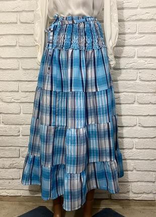 Длинная многоярусная юбка в богемном стиле, голубая, в клетку,2 фото