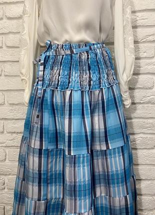 Длинная многоярусная юбка в богемном стиле, голубая, в клетку,5 фото