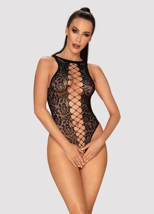 Ажурный бодистокинг с эффектом шнуровки obsessive b129 teddy black xl/xxl, черный, с доступом