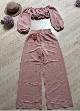 Костюм брючний палаццо літній кроп топ буфи пишні рукави блуза