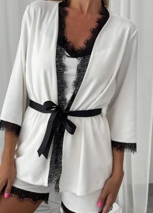 Женская пижама домашний костюм тройка велюр шорты халат и топ майка4 фото