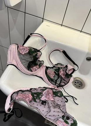 Комплект роза, кружевной комплект на косточках, розовое белье, будуарное белье