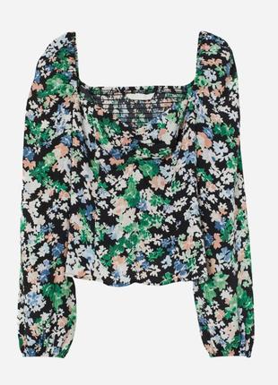 Блуза h&amp;m (блузка, цветочный принт, топ в цветы, квадратный вырез, объемные рукава)2 фото