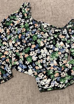 Блуза h&amp;m (блузка, цветочный принт, топ в цветы, квадратный вырез, объемные рукава)5 фото
