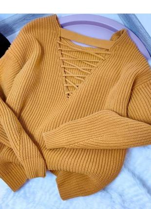 Женский горчичный свитер вязаный свитер сзади завязки1 фото