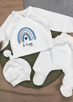 Комплект 3в1: сорочечка, повзунки, шапочка "be happy", інтерлок тм "sweet mario" (сорочечка з повзунками та