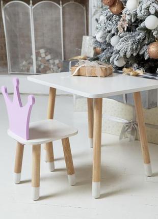 Дитячий білий прямокутний стіл і стільчик фіолетова корона. столик для ігор, уроків, їжі. білий столик5 фото
