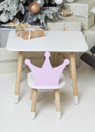 Дитячий білий прямокутний стіл і стільчик фіолетова корона. столик для ігор, уроків, їжі. білий столик2 фото