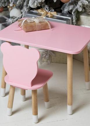 Рожевий прямокутний столик і стільчик дитячий ведмежа. рожевий дитячий столик1 фото