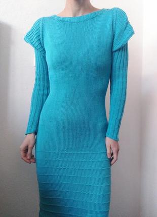 Вʼязана сукня блакитне плаття міді сукня вінтаж плаття голубе сукня з воланами рюшами3 фото