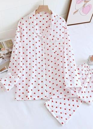Хлопковая пижама в сердечко,  муслиновая женская пижама. одежда для дома и сна