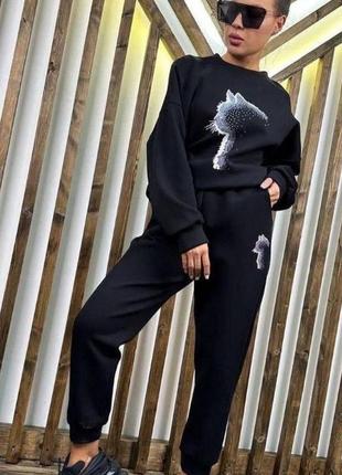 Костюм спортивный женский оверсайз свитшот брюки джоггеры на высокой посадке качественный стильный теплый черный