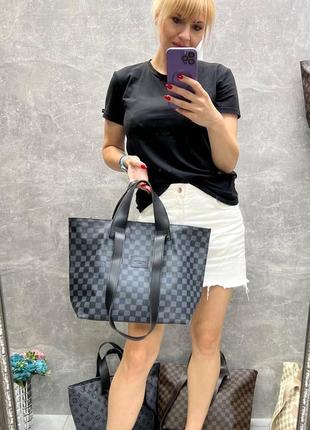 Стильная женская сумка большая в клетку черная вместительная сумка шопер тоут из экокожи вмещает а4