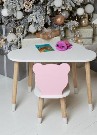 Білий столик хмарка і стільчик ведмедик дитячий рожевий. білосніжний дитячий столик5 фото