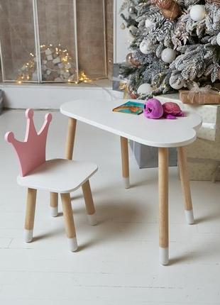 Білий столик хмарка і стільчик корона дитячий рожевий. білосніжний дитячий столик7 фото