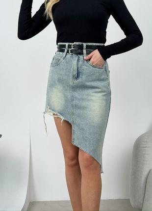 Юбка джинсовая асимметричная на высокой посадке с карманами качественная стильная трендовая черная синяя