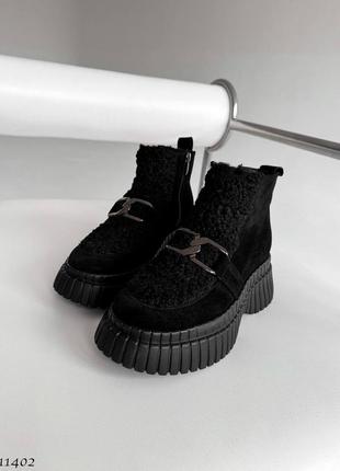 Натуральные замшевые демисезонные черные ботинки с мехом тедди4 фото