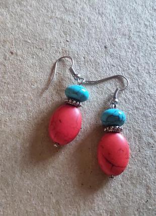 Серьги с натуральным камнем бирюза коралл