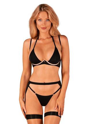 Комплект белья obsessive selinne 3-pcs set black, бюстгальтер, стринги пояс для чулок1 фото