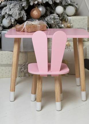 Рожевий прямокутний столик і стільчик дитячий зайчик. рожевий дитячий столик7 фото