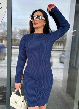 Платье короткое однонтонное на длинный рукав вязаное качественное стильное базовое синие мокко4 фото