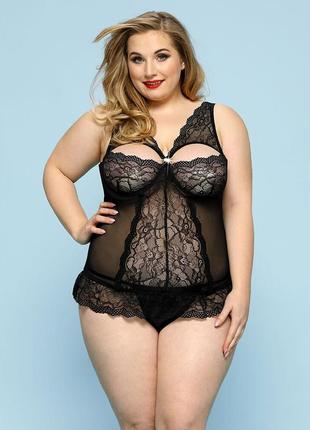 Сексуальний комплект білизни jsy «скромниця брук» plus size, black, мереживо, корсет, стрінги1 фото