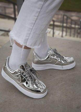 Кеды nike air force 1 sp "liquid metal" silver кроссовки серебряные1 фото