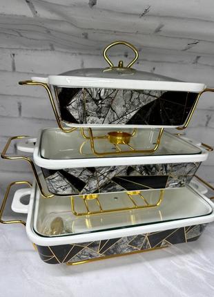 Марміти кераміка прямокутні 3 шт з кришкою з жаростійкого скла