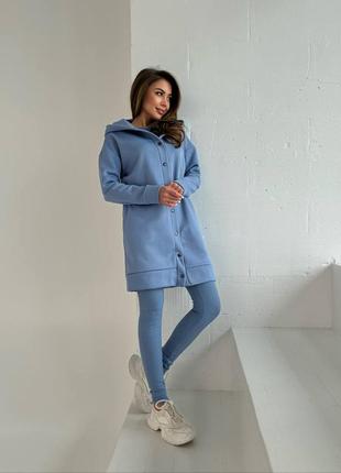 Костюм тройка кардиган + топ + лосины черный голубой графит пудра удлиненная кофта бомбер  толстовка с капюшоном на флисе леггинсы майка рубчик10 фото