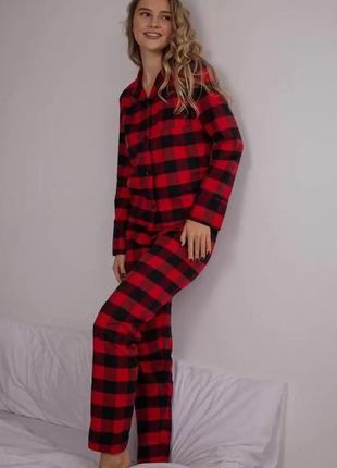Бавовняна піжама  україна модна піжама кофта на гудзиках штани  піжама в клітинку червона піжама на гудзиках5 фото
