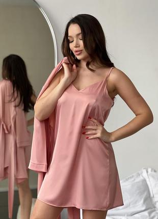 Пижама женская  (халат и ночнушка) для дома и сна комплект 2ка из ткани армани-шелк - розовая (m)2 фото