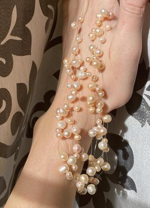Новое роскошное колье чокер ожерелье с натуральным нежно персиковым природным жемчугом1 фото