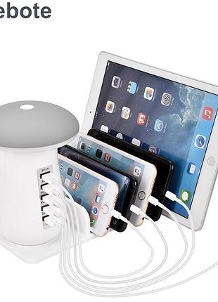 Сетевая зарядная станция "гриб" ночник led 5 usb портов для смартфонов и телефонов hh1g