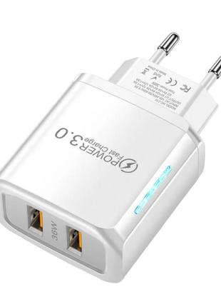 Мережевий зарядний пристрій для швидкого заряджання 2 port usb qc3.0 wed-45w. зарядний блок заряджання для телефона