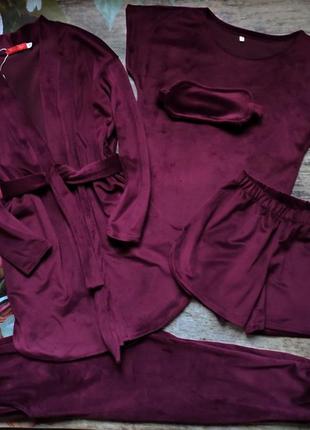 Бордовый  подростковый домашний комплект 5 в 1, пижама и халат, велюровый комплект2 фото