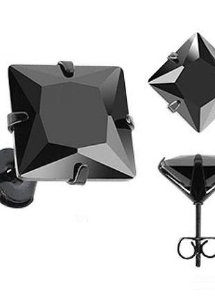 Маленька сережка-гвоздик у вухо з медичної нержавіючої сталі з квадратним каменем 1 шт. 6 мм. чорна javrick