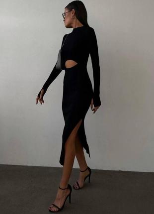 Жіноча довга сукня в обтяжку стильна закрита довгий рукав з вирізом в рубчик чорний, графіт, шоколад7 фото