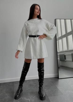 Жіноча сукня оверсайз в'язаний светр туніка з поясом стильна трендова довга зручна білий, чорний2 фото