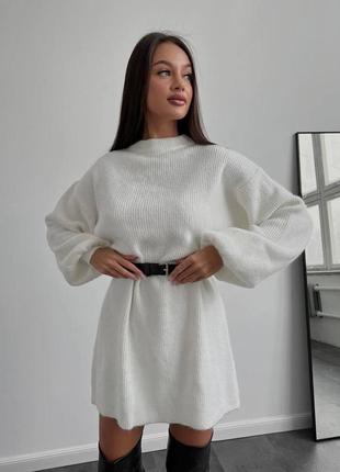 Жіноча сукня оверсайз в'язаний светр туніка з поясом стильна трендова довга зручна білий, чорний3 фото