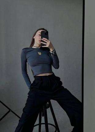 Жіночий топ довгий рукав кофта стильний топ вкорочений трендовий фіт в обтяжку хакі, беж, графіт