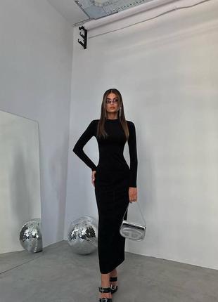 Женское длинное платье в обтяжку стильное модное с разрезом подчеркивает фигуру черное длинный рукав3 фото