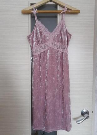 Сорочка нічна жіноча оксамитова мереживна. комбінація з мереживом. нічна сорочка, рожева8 фото