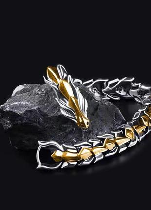 Чоловічий браслет дракон silver gold 21 см