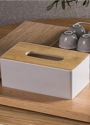 Коробка для салфеток moro с деревянной крышкой 8,5см белая1 фото