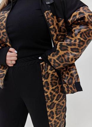 Жіночий весняний трикотажний прогулянковий костюм зі шкіряними вставками леопард розміри батал 48-584 фото
