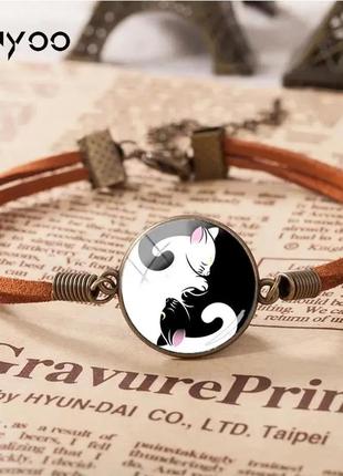 Набір браслет і кулон інь-янь чорний і білий кіт кішка комплект у вигляді кішок підвіска2 фото